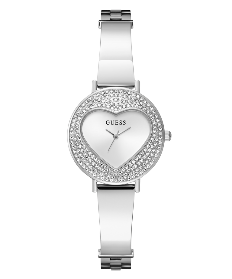 GUESS Ladies Silver Tone Analog Watch with heart-shaped face and Guess logo on a white background