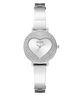 GUESS Ladies Silver Tone Analog Watch with heart-shaped face and Guess logo on a white background