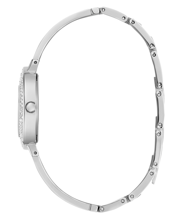 Silver watch with a detailed band on a white background