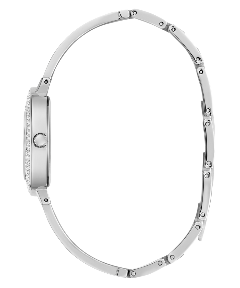 Silver watch with a detailed band on a white background