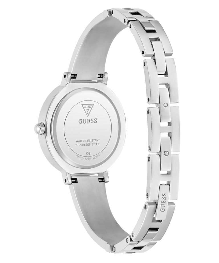 Silver Guess watch with a white background