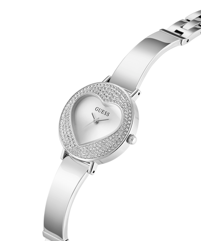 Silver watch with heart-shaped face and Guess logo on a white background lifestyle