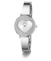 GUESS Ladies Silver Tone Analog Watch with heart-shaped face and Guess logo on a white background