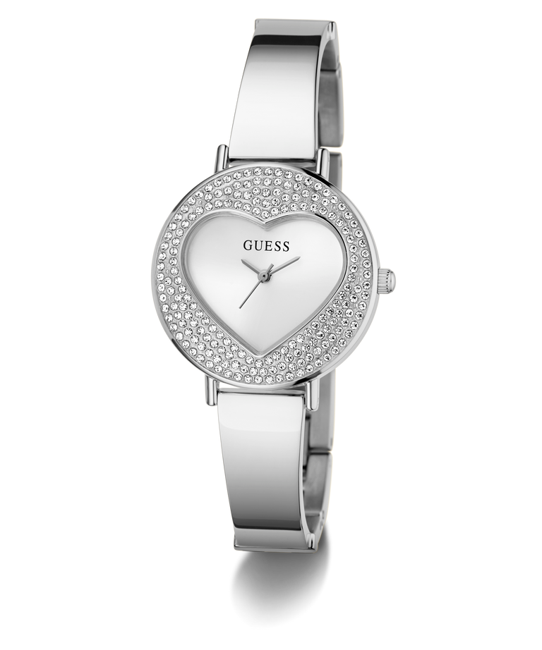GUESS Ladies Silver Tone Analog Watch with heart-shaped face and Guess logo on a white background