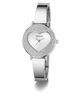 GUESS Ladies Silver Tone Analog Watch with heart-shaped face and Guess logo on a white background