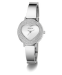 GUESS Ladies Silver Tone Analog Watch with heart-shaped face and Guess logo on a white background