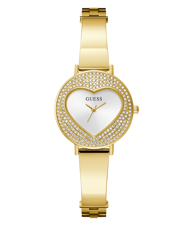 GUESS Ladies Gold Tone Analog Watch with heart-shaped face and Guess logo on a white background