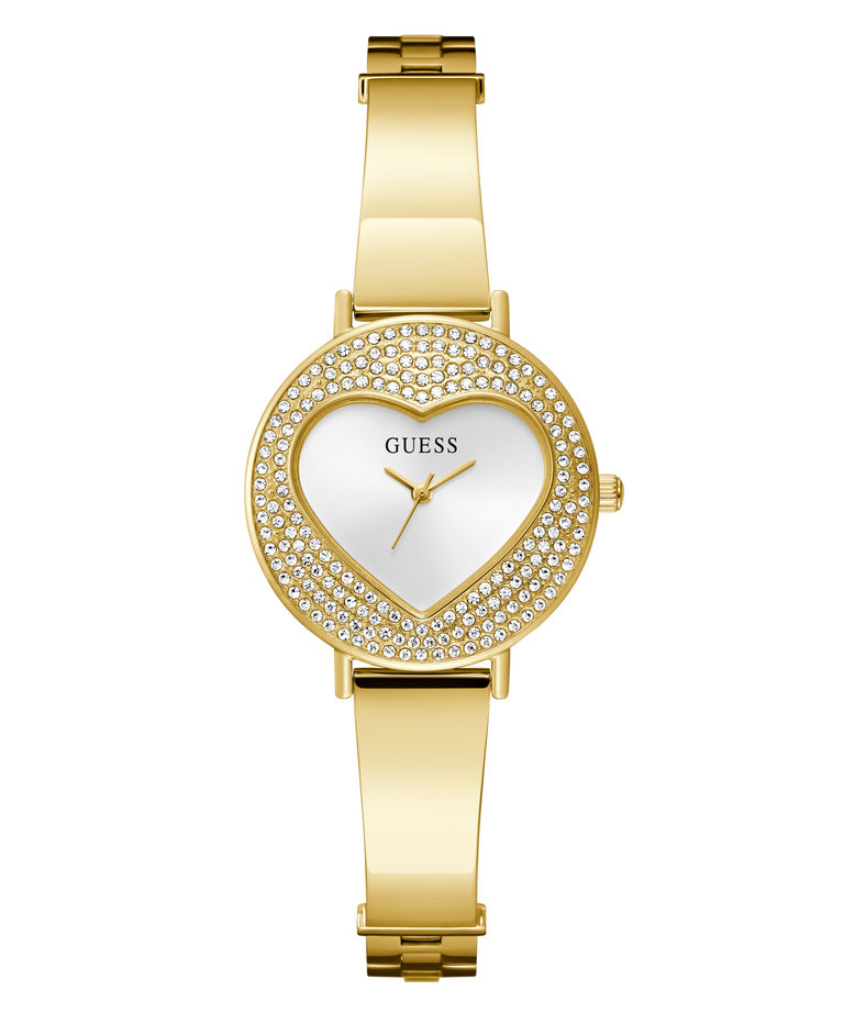 GUESS Ladies Gold Tone Analog Watch with heart-shaped face and Guess logo on a white background