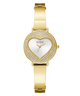GUESS Ladies Gold Tone Analog Watch with heart-shaped face and Guess logo on a white background