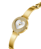 Gold watch with heart-shaped face and Guess logo on a white background lifestyle