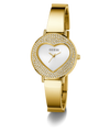 GUESS Ladies Gold Tone Analog Watch with heart-shaped face and Guess logo on a white background