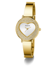 GUESS Ladies Gold Tone Analog Watch with heart-shaped face and Guess logo on a white background