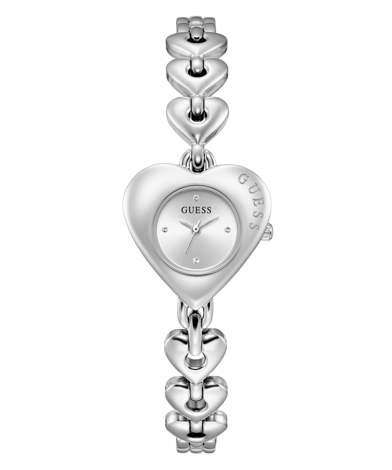 Silver heart-shaped  GUESS Ladies Valerie Silver Tone Analog Watch on a white background