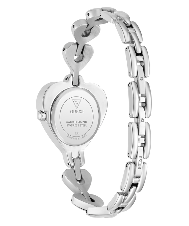 Silver heart-shaped bracelet GUESS Ladies Valerie Silver Tone Analog Watch with Guess logo on a white background