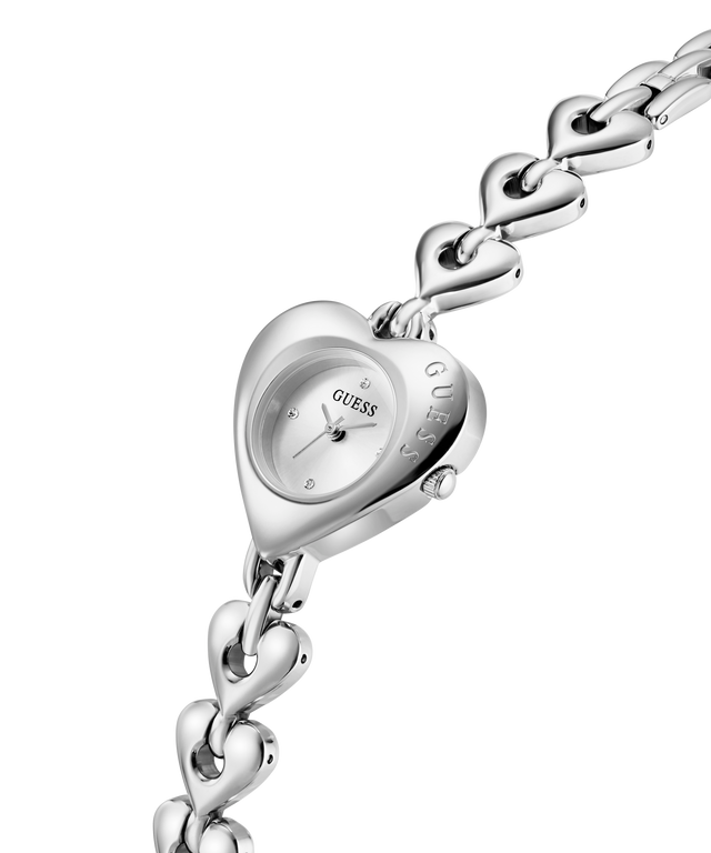 Silver heart-shaped watch with Guess brand on a white background lifestyle