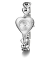Silver heart-shaped watch with 'Guess' branding on a white background