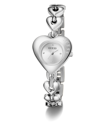 Silver heart-shaped watch with 'Guess' branding on a white background