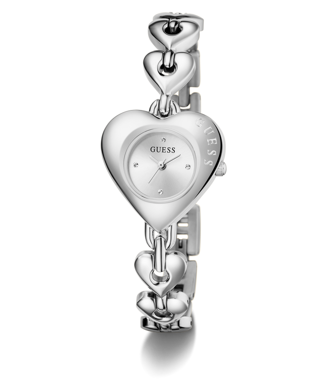 Silver heart-shaped watch with 'Guess' branding on a white background