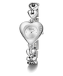 Silver heart-shaped watch with 'Guess' branding on a white background
