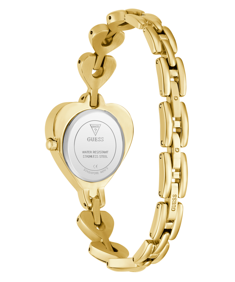 Gold heart-shaped GUESS Ladies Valerie Gold Tone Analog Watch with a white face on a white background