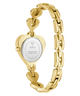 Gold heart-shaped GUESS Ladies Valerie Gold Tone Analog Watch with a white face on a white background