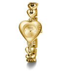 Gold heart-shaped watch with 'Guess' branding on a white background