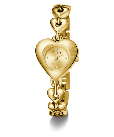 Gold heart-shaped watch with 'Guess' branding on a white background