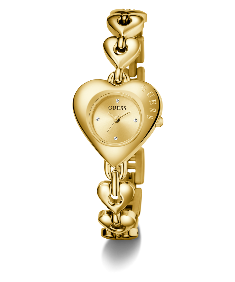 Gold heart-shaped watch with 'Guess' branding on a white background