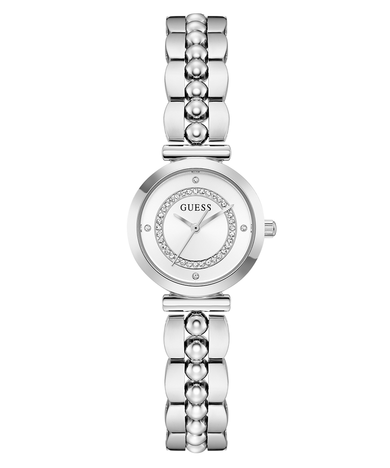 GUESS Ladies Silver Tone Analog Watch with beaded bracelet on a white background