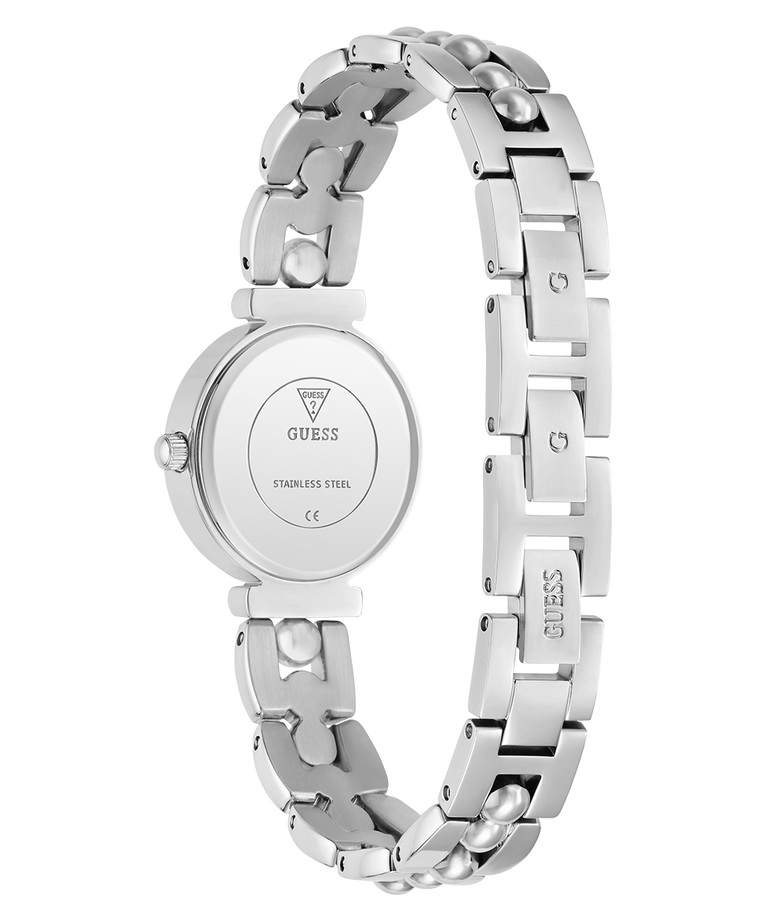 Silver GUESS Ladies Silver Tone Analog Watch GUESS Ladies Silver Tone Analog Watch with a detailed bracelet on a white background