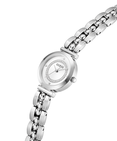 Silver Guess watch with a bracelet on a white background lifestyle
