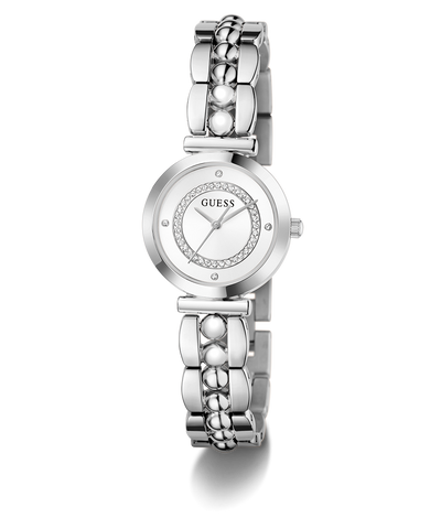GUESS Ladies Silver Tone Analog Watch with a bracelet on a white background