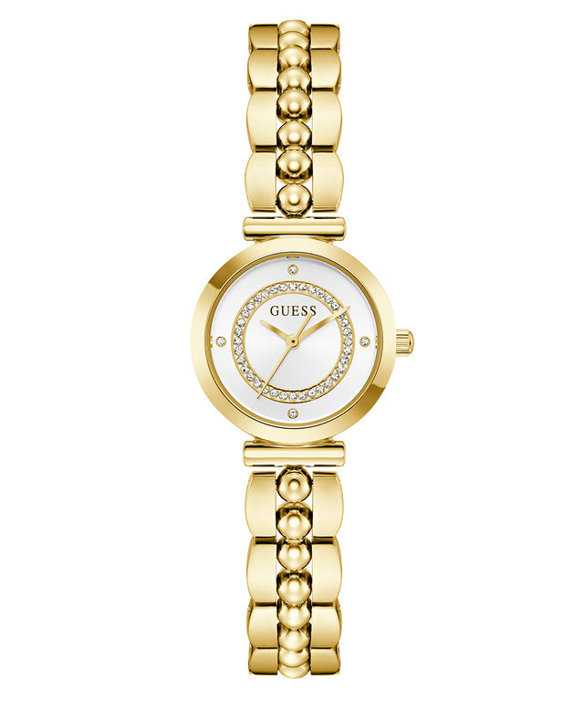 Gold GUESS Ladies Gold Tone Analog Watch with a white face on a white background
