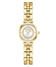 Gold GUESS Ladies Gold Tone Analog Watch with a white face on a white background