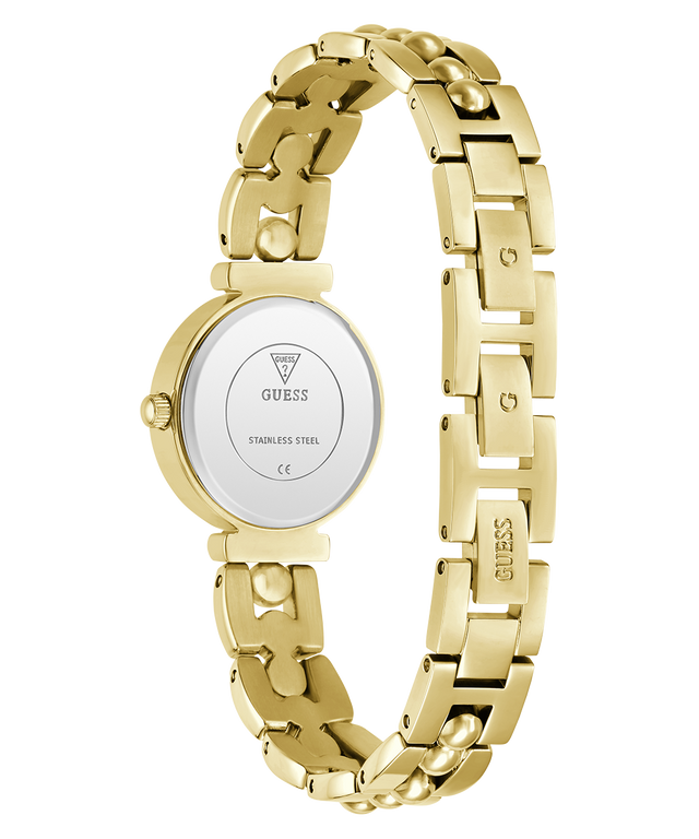 Gold GUESS Ladies Gold Tone Analog Watch with chain-like design on a white background