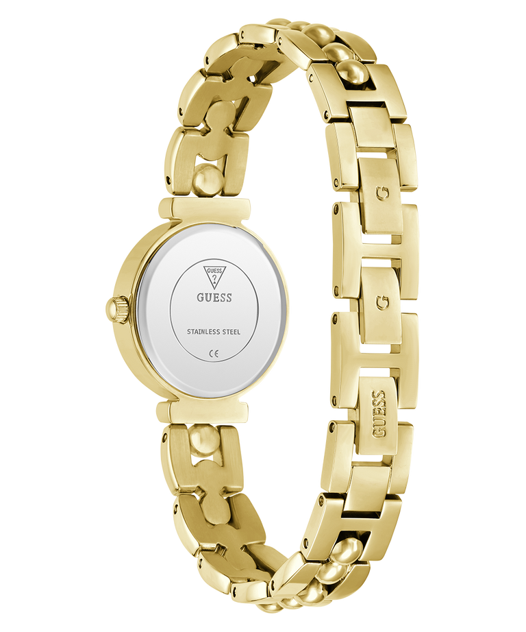 Gold GUESS Ladies Gold Tone Analog Watch with chain-like design on a white background