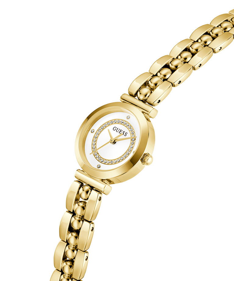 Gold GUESS Ladies Gold Tone Analog Watch with a white face on a white background lifestyle