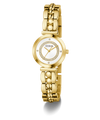 Gold GUESS Ladies Gold Tone Analog Watch with a white face on a white background