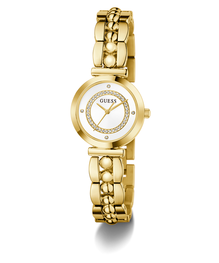 Gold GUESS Ladies Gold Tone Analog Watch with a white face on a white background
