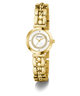 Gold GUESS Ladies Gold Tone Analog Watch with a white face on a white background