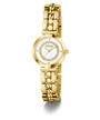 Gold GUESS Ladies Gold Tone Analog Watch with a white face on a white background