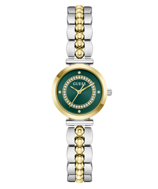 Two-tone GUESS Ladies 2-Tone Analog Watch with green face and gold accents on a white background