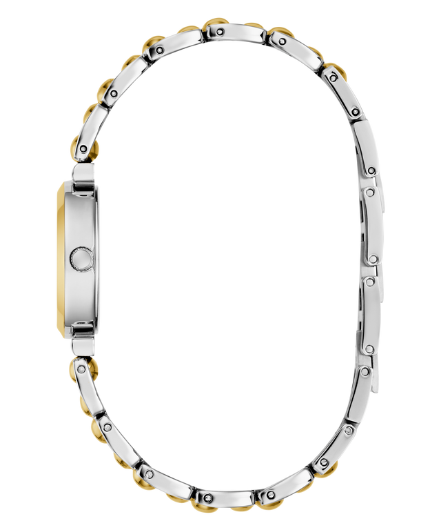 Silver and gold GUESS Ladies 2-Tone Analog Watch with a white background