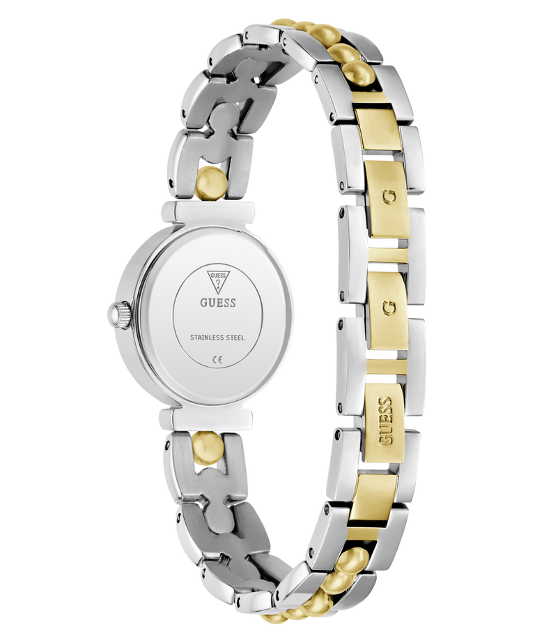Two-tone silver and gold GUESS Ladies 2-Tone Analog Watch with visible brand logo on a white background