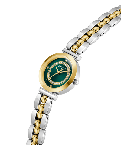 Two-tone GUESS Ladies 2-Tone Analog Watch with green dial and gold accents on a white background lifestyle