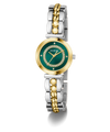 Two-tone GUESS Ladies 2-Tone Analog Watch with green face and gold accents on a white background