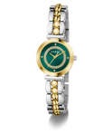 Two-tone GUESS Ladies 2-Tone Analog Watch with green face and gold accents on a white background