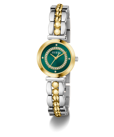 Two-tone GUESS Ladies 2-Tone Analog Watch with green face and gold accents on a white background