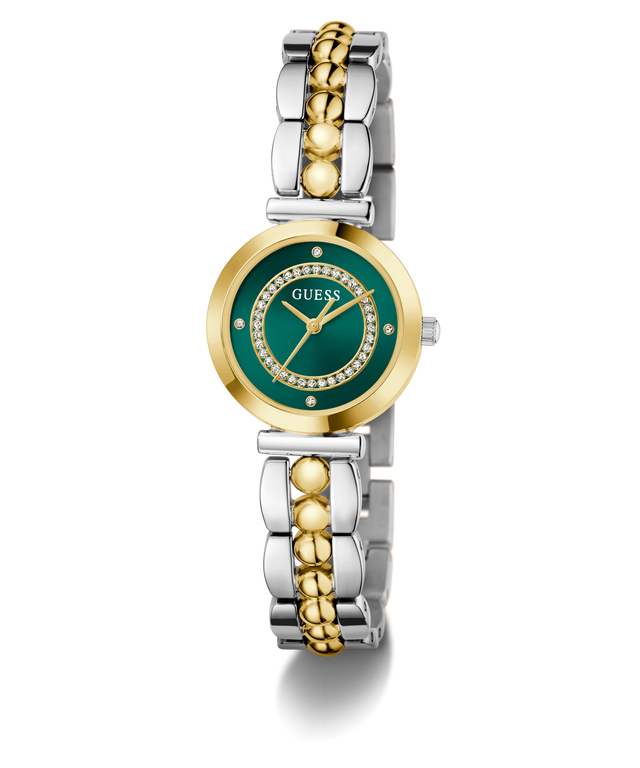 Two-tone GUESS Ladies 2-Tone Analog Watch with green face and gold accents on a white background