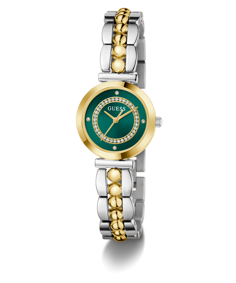 Two-tone GUESS Ladies 2-Tone Analog Watch with green face and gold accents on a white background